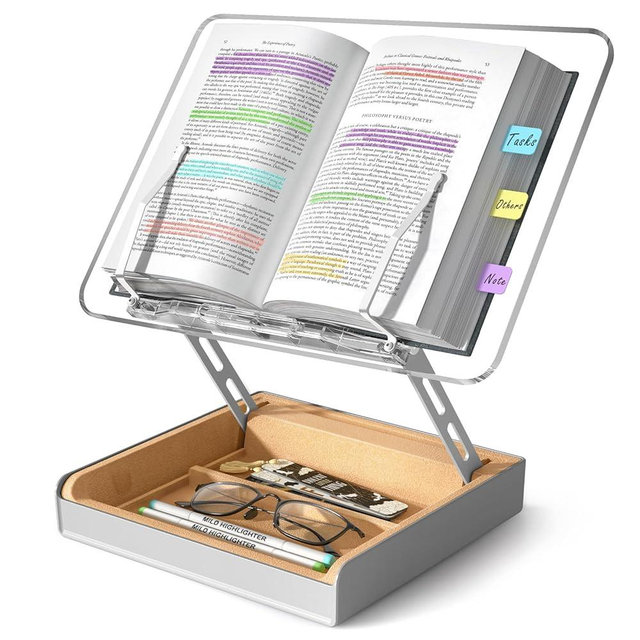 HUMANCOZY Book Stand with Storage, Book Holder for Reading Hands Free, Wooden Cookbook Stand for Kitchen Counter, Adjustable Reading Stand for Desk, Recipe Stand, Book Prop for Book Lovers (Clear)