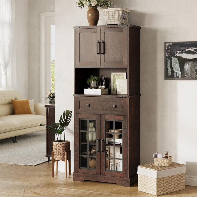 Maupvit Farmhouse 59.4" Tall Kitchen Pantry Storage Cabinet, Modern 4 Doors & Adjustable Shelves for Pantry Living Room Storage Hutch, Free Standing Cabinet Dark Brown