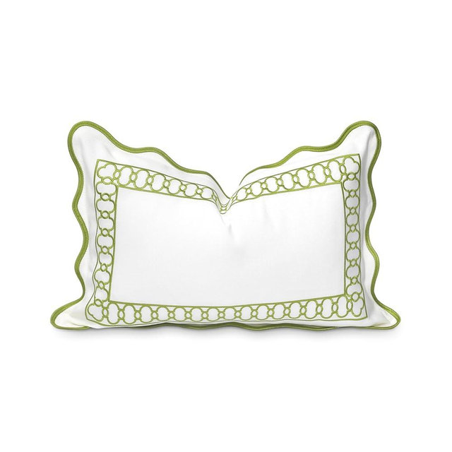 Hofdeco Premium Coastal Patio Indoor Outdoor Scalloped Lumbar Pillow Cover Only, 12"x20" Water Repellent for Backyard, Couch, Green Embroidered Begonia Pattern Chain Frame