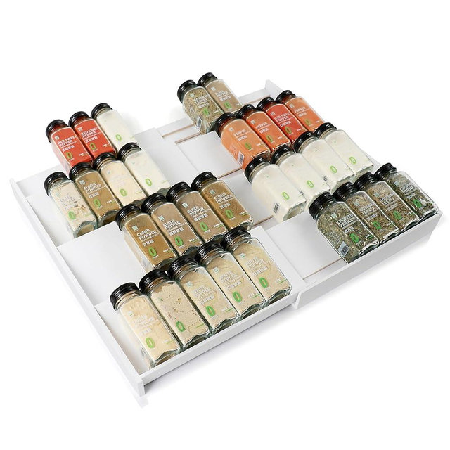 Bamboo Spice Drawer Organizer, (Need 3.1” Deep Drawer) Expandable 4 Tier Spice Rack for Cabinet (From 12" to 23" Wide), Seasoning Storage Insert, Spice Organizer for Drawer,Jars Not Included
