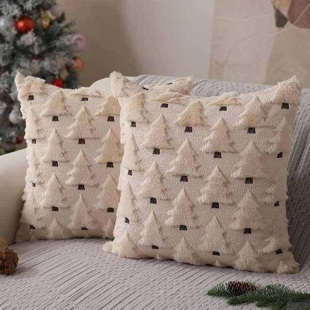Allorry Christmas Pillow Covers 18x18 inch Set of 2 Beige Christmas Tree Throw Pillow Cases Decorations Soft Plush Faux Fur Wool Pillow Covers Winter Holiday Decor for Sofa Living Room PT-002C18