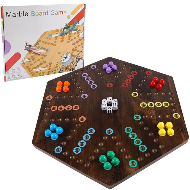 NRZSSN Large Size 20 inches Wood Wahoo Marble Board Game 2 Sided Game 4-6 Player for Friends and Family Party,Classic Stragecy Trouble Game with 6 Dices,24 Marbles(Rustic Brown)