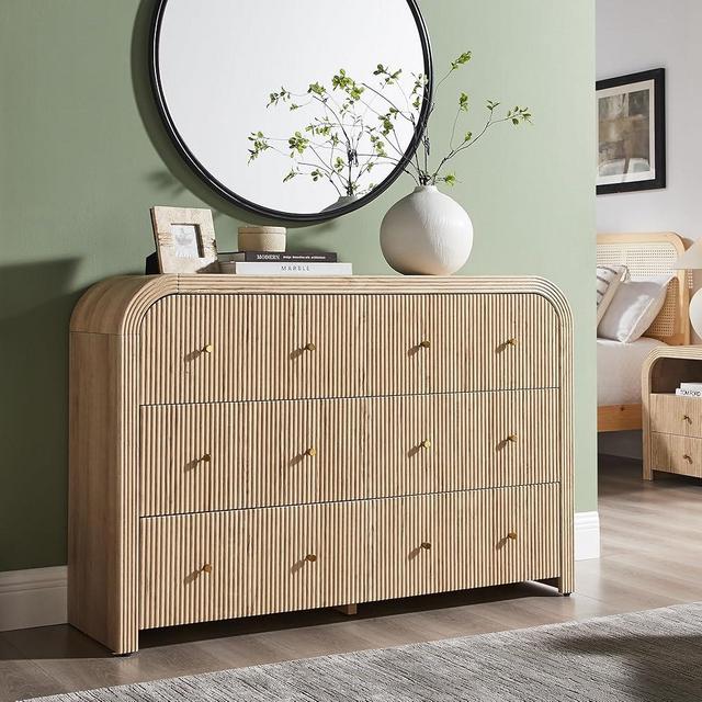 T4TREAM Fluted 6 Drawers Dresser for Bedroom, 54" Wide Modern Chest of Drawers with Thickened Curved Profile Design, Wood Dressers TV Stand for Bedroom, Living Room, Hallway, Natural Oak