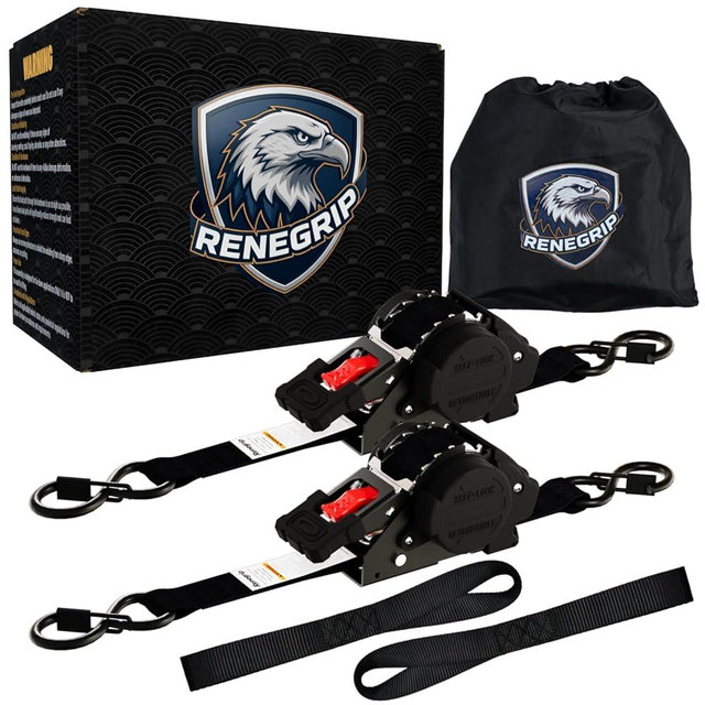 Renegrip Retractable Ratchet Straps Heavy Duty Tie Down 1''*12ft Breaking Strength 1760LBS Cargo Securing System, for Motorcycle, Jetski, Kayak(2 Pack,Black)