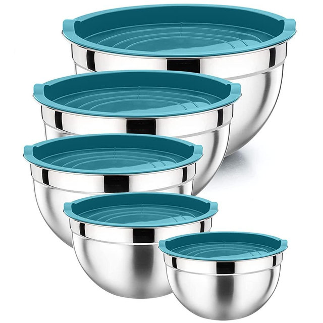 Mixing Bowls with Blue Lids Set, P&P CHEF Stainless Steel Nesting Salad Bowl for Fruits Egg Cream Mixing, Size 4.6, 3, 1.5, 1, 0.7 QT, Refrigerator & Dishwasher Safe