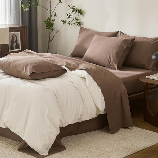 Warm Moment 100% Cotton 6-Piece Queen Size 102" x 90" Bedding Set - Fitted Sheet, Flat Sheet & 4 Pillowcases with 17" Deep Pocket,Soft Breathable Bed Sheets for Cozy Sleep,Light Brown
