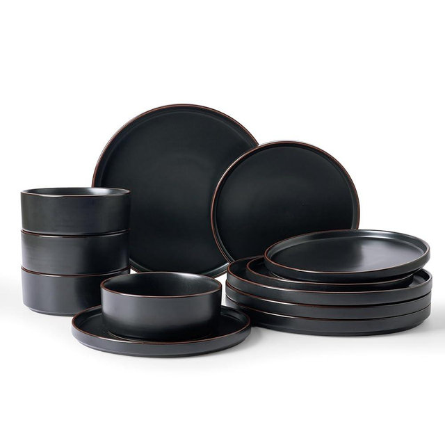 Famiware Nebula Ridge Stoneware Dinnerware Sets, Plates and Bowls Sets for 4, 12 Pieces Dishes Set, Microwave and Dishwasher Safe Kitchen Plates, Matte Black