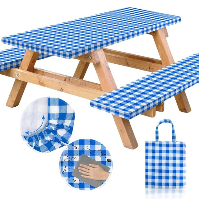 RNOONY Vinyl Fitted Picnic Table Cover with Bench Covers and Bag, 6ft Outdoor Waterproof Picnic Tablecloth with Elastic Edges, 72x30 Inches 3 Pcs Set (Blue Checkered)