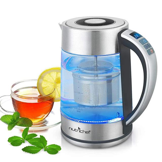 Hot Water Boiler Glass Kettle - Digital 1.7L Portable Easy Pour Teapot Coffee Brewer Stainless Steel Inner Filter, Adjustable Temperature Control, 60 Mins Keep Warm Function NutriChef PKWTK75