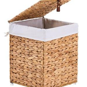 Mini Handwoven Laundry Basket with Lid, Natural Water Hyacinth Storage Basket with Handle, Removable Cotton Liner, Durable and Stylish for Bedroom, Bathroom, Laundry Room
