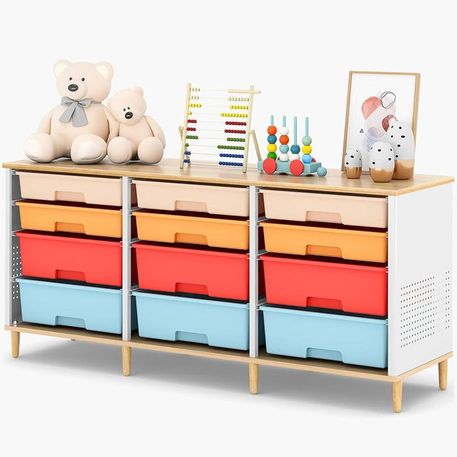 12 Drawers Storage Cabinet with Wooden Top and Plastic Bins, Toy Storage Organizer Toy Shelf Storage Chest Cubby Organizer for Home, Office, Playroom, Classroom & Craft Room Storage (Multicolored)