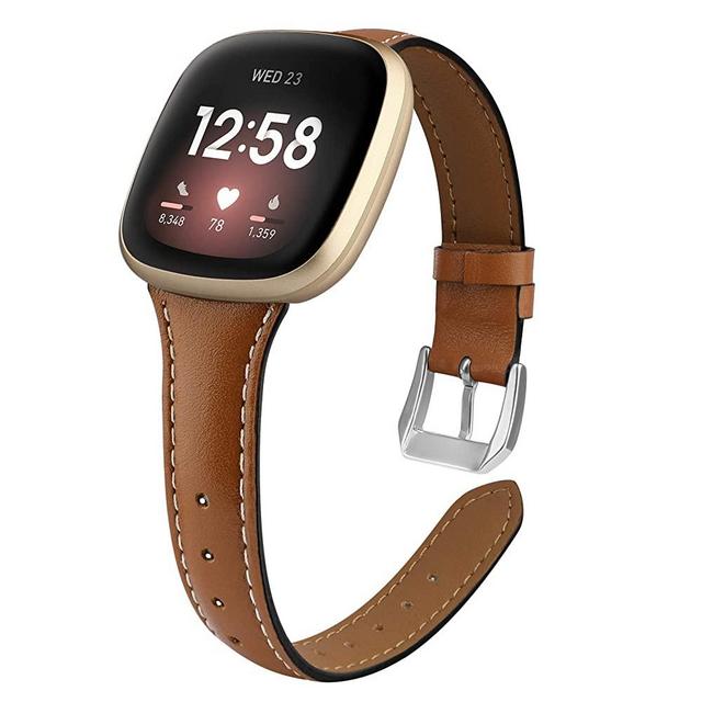 poshei Slim Leather Bands for Fitbit Versa 3 / Fitbit Sense,Top Grain Genuine Thin Leather Replacement Wristband Compatible with Fitbit Sense/Fitbit Versa 3 for Women Men (Brown)