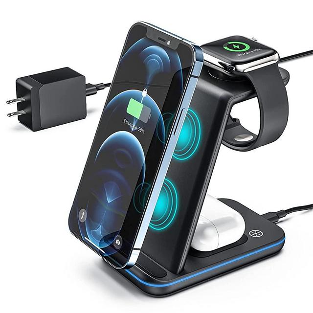 ZHIKE Wireless Charger, 3 in 1 Qi-Certified Wireless Charging Station for Apple Phones/iWatch/Airpods, 15W Fast Charger Stand Dock for iPhone 12 Pro Max Samsung All Qi-Enabled Phones(with Adapter)