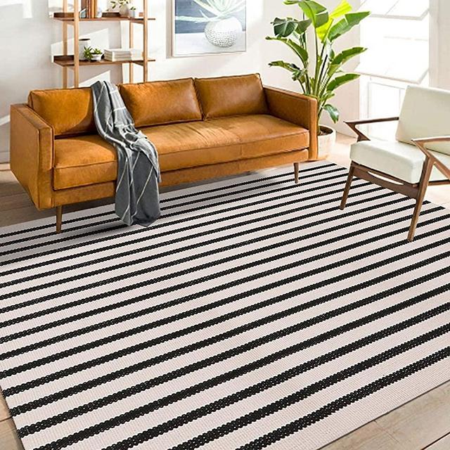 Black and White Striped Outdoor Area Rug 4x6 ft LEEVAN Patio Rugs Washable Woven Cotton Boho Living Room Rug Farmhouse Collection Large Floor Carpet for Courtyard/Bedroom