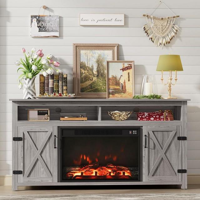 Furmax Farmhouse Fireplace TV Stand for TVs Up to 65 Inch Highboy Entertainment Center with Open Storage and Side Cabinets Rustic Media Console Table with Barn Doors for Living Room (Grey Wash)
