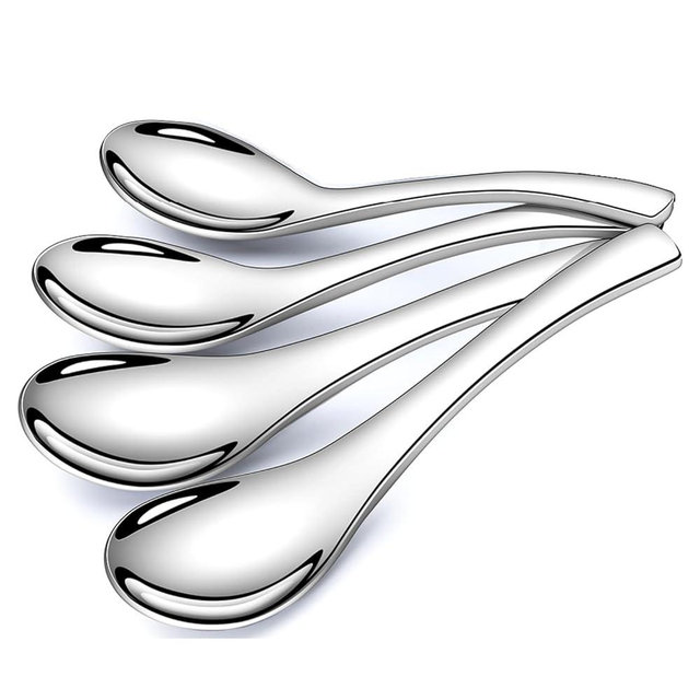 Stainless Steel Soup Spoons - 6 Inch Heavy Duty Asian Soup Spoon for Ramen, Rice, Tea, and Milk, Set of 4 Short Handle Ramen Spoons, Dishwasher Safe, Silver Chinese Table Spoon