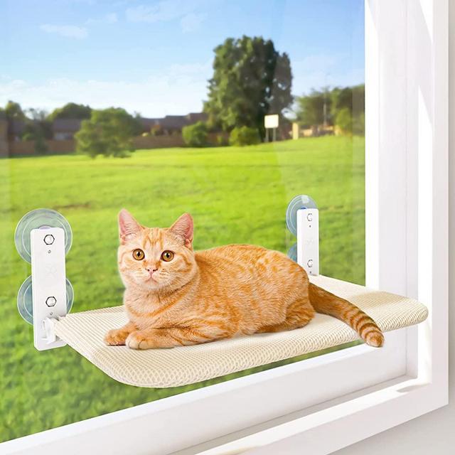 AMOSIJOY Cordless Cat Window Perch, Cat Hammock for Wall with 4 Strong Suction Cups, Anchors&Screws for Two Types of Installation, Solid Metal Frame and Two Replaceable Covers, Foldable Cat Beds for Indoor Cats