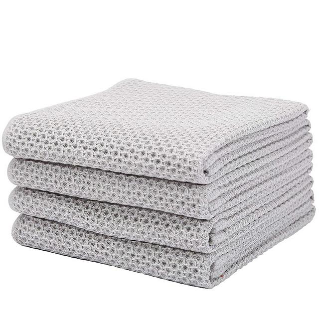 KIMHIRO 100% Cotton Kitchen Dish Cloths, Lightweight Waffle Weave Tidy Kitchen Dish Cloths, Soft Absorbent Quick Drying Dish Towels, 13x28 Inches, Set of 4, Light Gray
