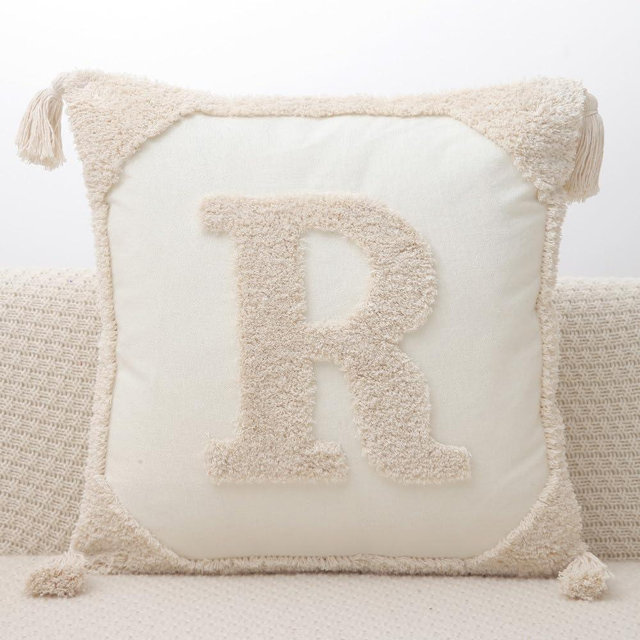 LIGUOGUO Monogram Pillow Covers with Tassels 18”x18” Modern Cotton Canvas Tufted Alphabet R Throw Pillow Covers for Sofa Couch Bed 26 English Letters Decorative Pillow Case for Sofa Throw Pillows