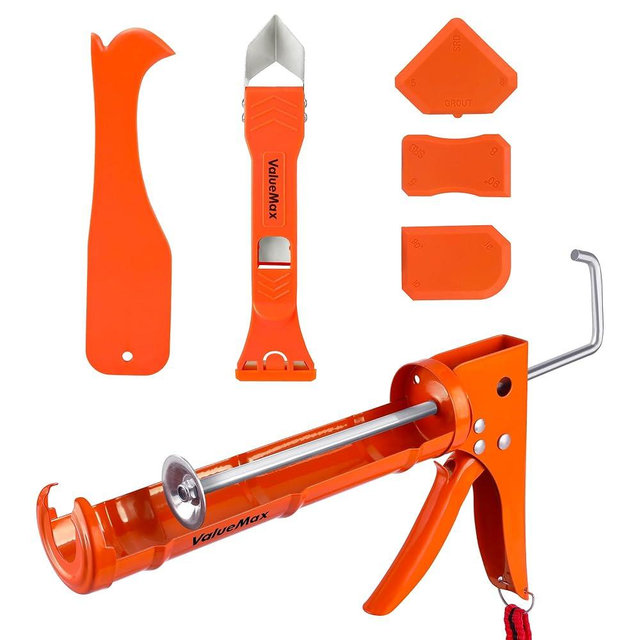 ValueMax Caulk Gun and Caulk Scraper Kit, 10OZ Smooth Silicone Caulking Gun with Caulk Remover Tool, 10:1 Thrust Ratio, Sealant Finishing Tool Grout Scraper for Caulking/Filling/Sealing