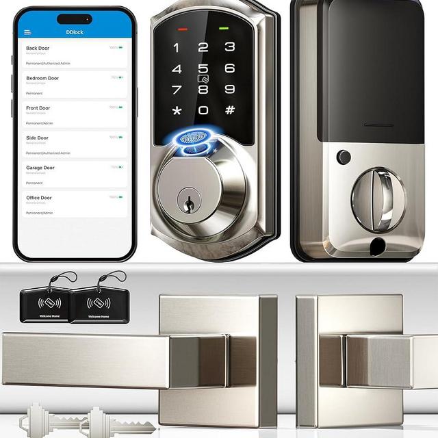 Veise Fingerprint Smart Locks for Front Door with 2 Lever Handle Set, App Control, Keyless Entry, Electronic Digital Keypad Deadbolt, Auto Lock, Waterproof, Easy to Install, Satin Nickel