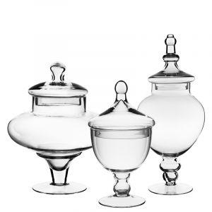 Set of 3 Glass Apothecary Jars Candy Buffet Containers - H: 14.75", 10", 9.5"