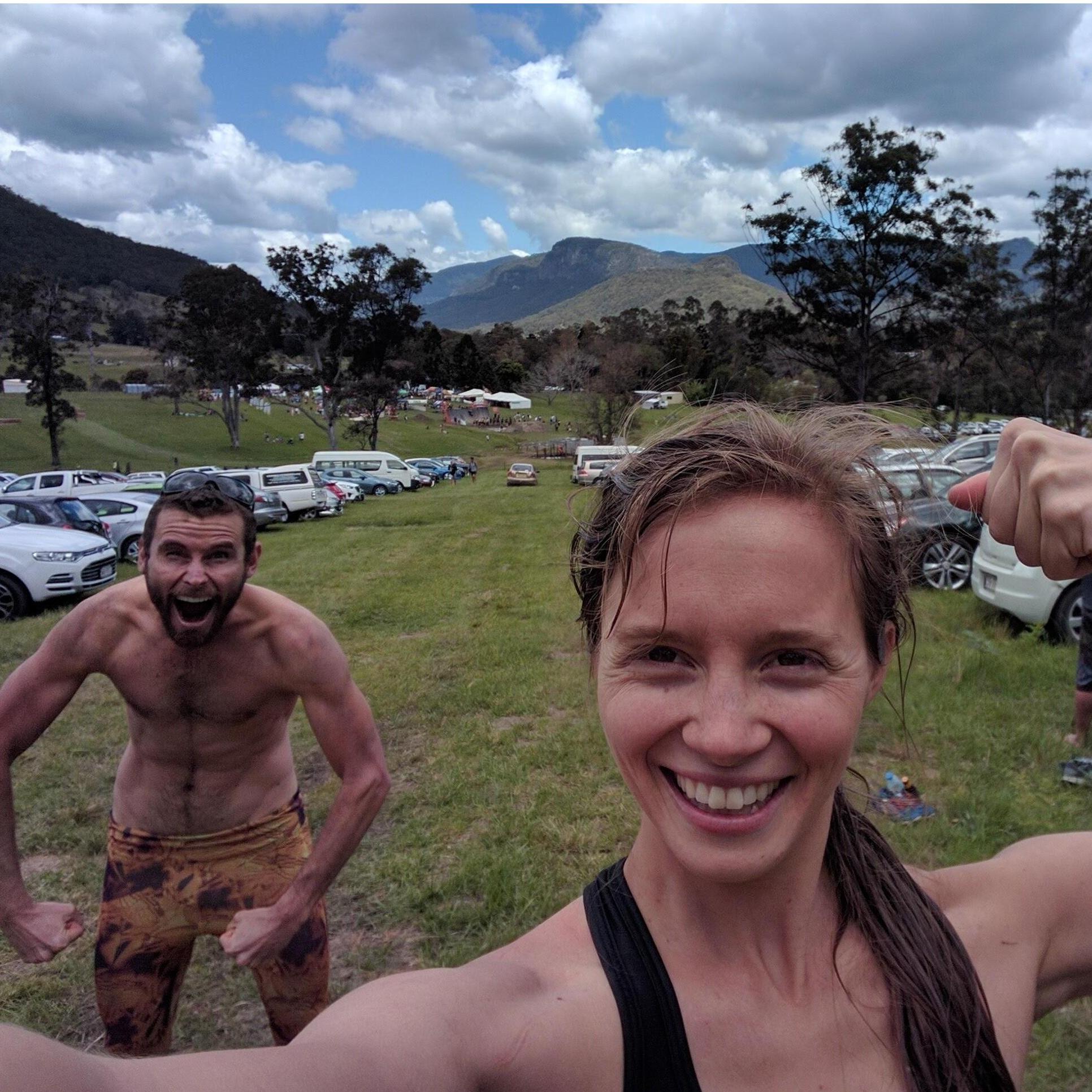 We like type two fun - here's us cleaned up after a mud run, but we're bigger fans of adventure racing (in which we still wear matching women's tights).