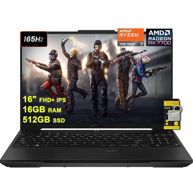 ASUS TUF Gaming A16 Laptop 16" FHD+ 165Hz 7ms 100% sRGB AMD Octa-core Ryzen 7 7735HS 16GB RAM 512GB SSD Radeon RX 7700S 8GB (>RTX4060) Backlit USB-C USB4 Fast Charging Win11 w/ICP Accessory