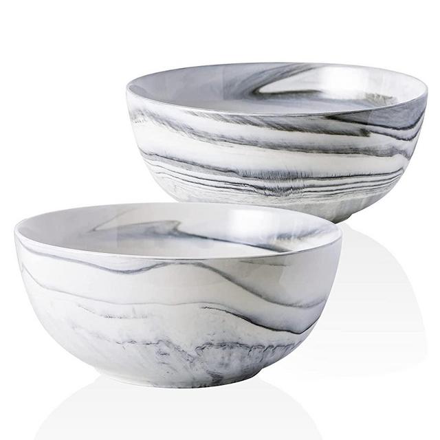 YUNDU 9'' Deep and Large Mixing Bolws,84 oz Porcelain Serving Bowls for Pasta Fruit Soup Salad, Set of 2-Grey Marbled