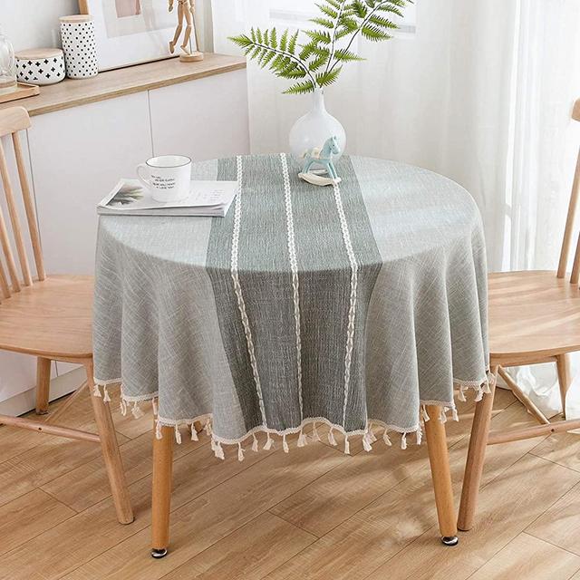 Monibana Round Tablecloth Cotton Linen Table Cloth Striped Tassel Heavy Weight Table Cover for Kitchen Dining Picnic Restaurant Party Tabletop Decor, Gray 60 Inch