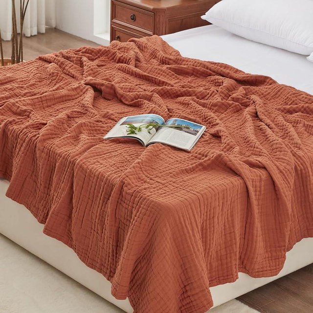 Love's cabin 6 Layer Cotton Muslin Blanket, 100"x80" Muslin King Size Blanket for Bed Couch, Terracotta King Muslin Blanket, Cotton Gauze Blanket for Adult, Lightweight and Breathable Blanket