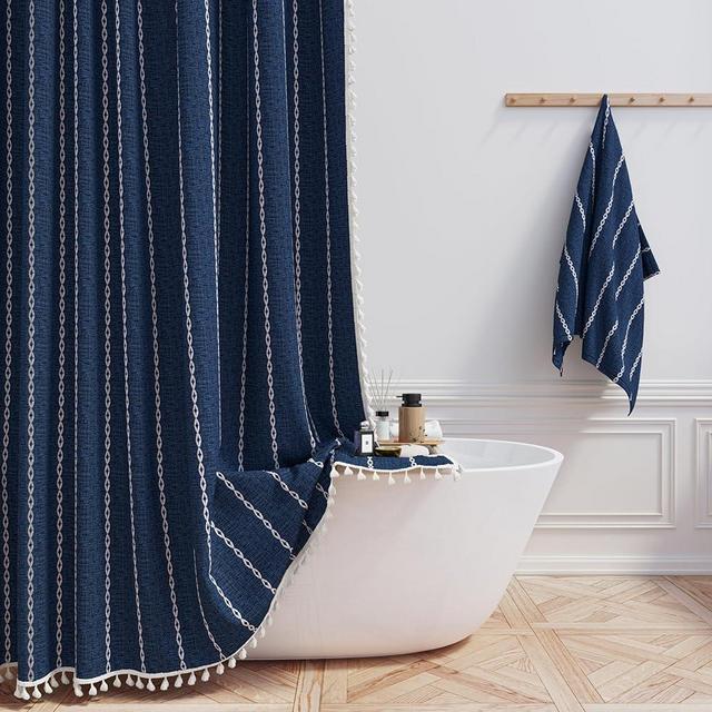 BTTN Extra Long Shower Curtain, 72x96 Long Striped Boho Chic Linen Fabric Heavy Duty Shower Curtain Set with Hooks, Tall Bohemian Farmhouse Luxury Tassel Cloth Shower Curtain for Bathroom, Navy Blue
