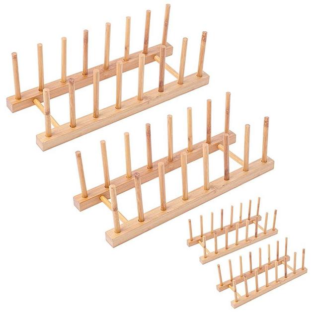 4Pack Bamboo Wooden Dish Rack, Plate Rack Stand Pot Lid Holder, Kitchen Cabinet Organizer for Cup, Cutting Board, Bowl, Drying Rack and More