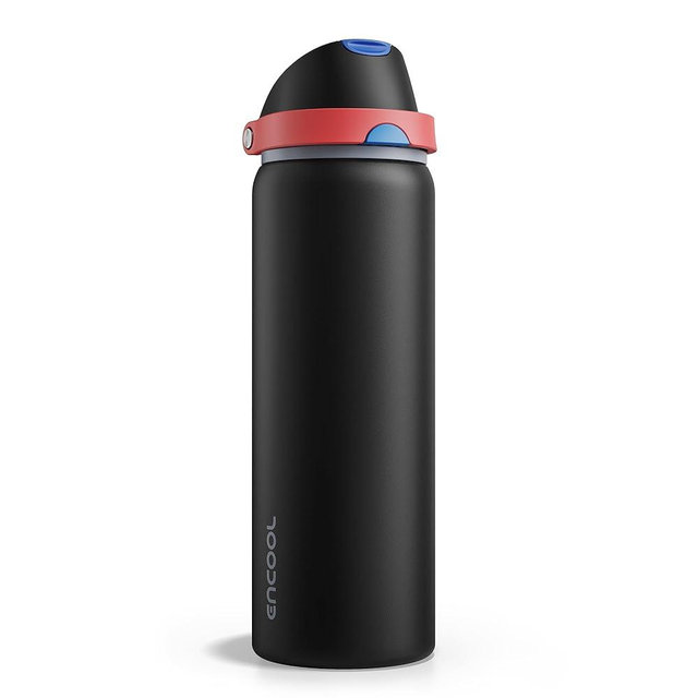 Insulated Water Bottle with Straw - Encool Stainless Steel Water Bottle with Push Button Lid, Leak-Proof & BPA-Free, Keeps Cold for 24 Hours for Sports, Travel, Gym (32 oz, Oil Black)