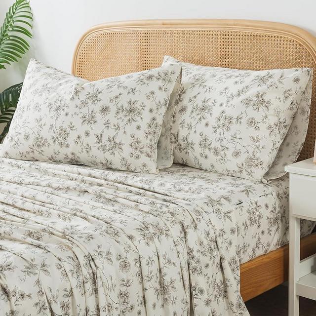 Zusbest King Size Shees 100% Cotton Tan Floral Beige Patterned Bed Sheet Set Vintage Peony Flower Toile Printed Bedding Luxury Soft Breathable Crisp Cooling Percale Sheets Deep Pocket 17.5'', 4 Pcs
