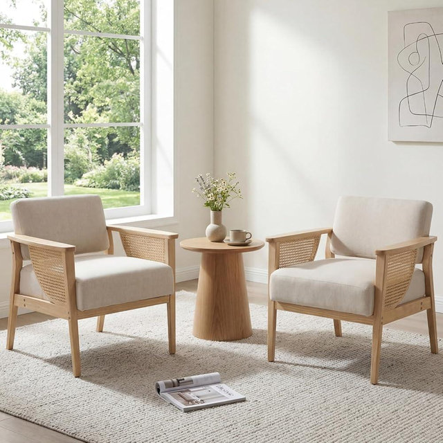 QUINJAY Mid Century Modern Accent Chair Set of 2, Rattan Armchair with Wood Legs Living Room Chair Linen Upholstered Lounge Chair for Bedroom Reading Room, Beige
