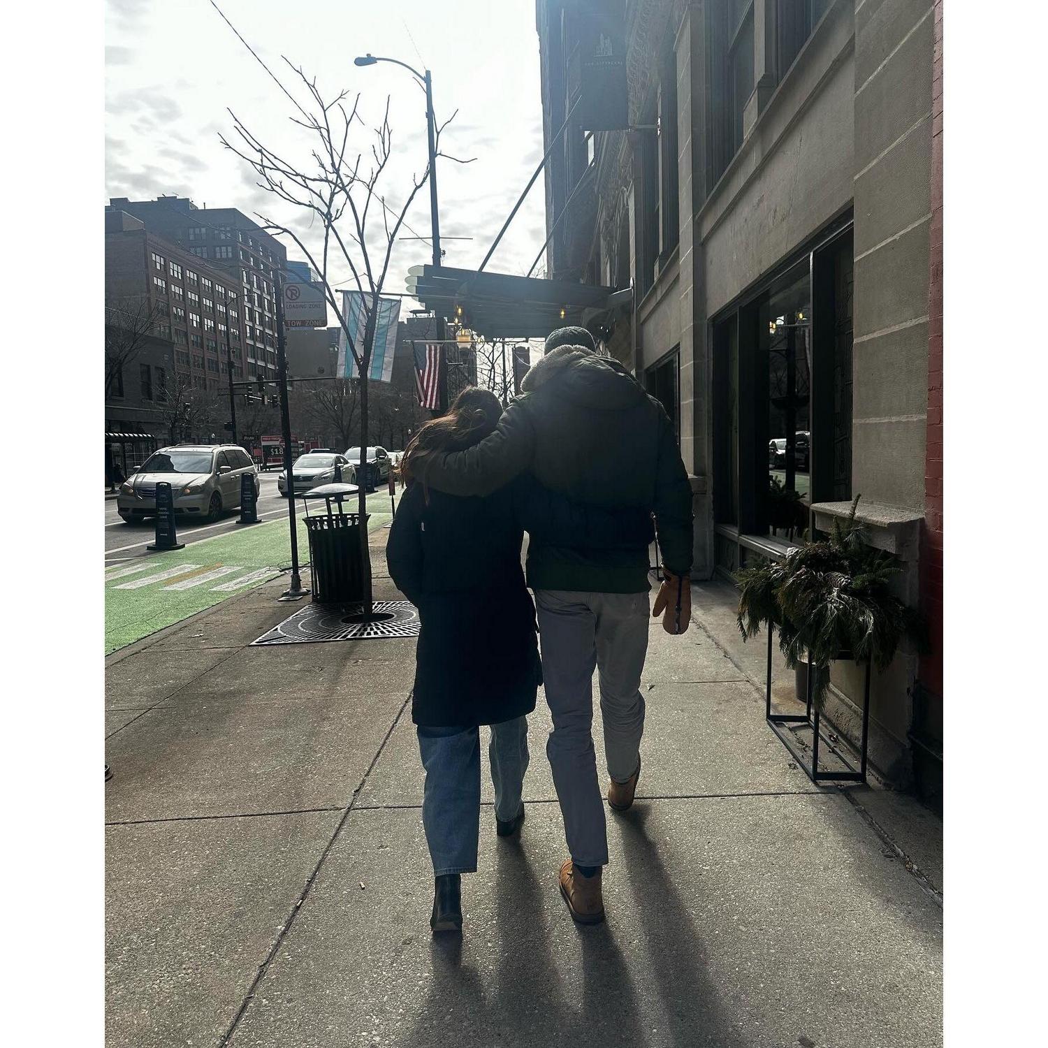 Walking in the streets of Chicago after brunch with Patrick's friends, Enanna and Mike, February 2024