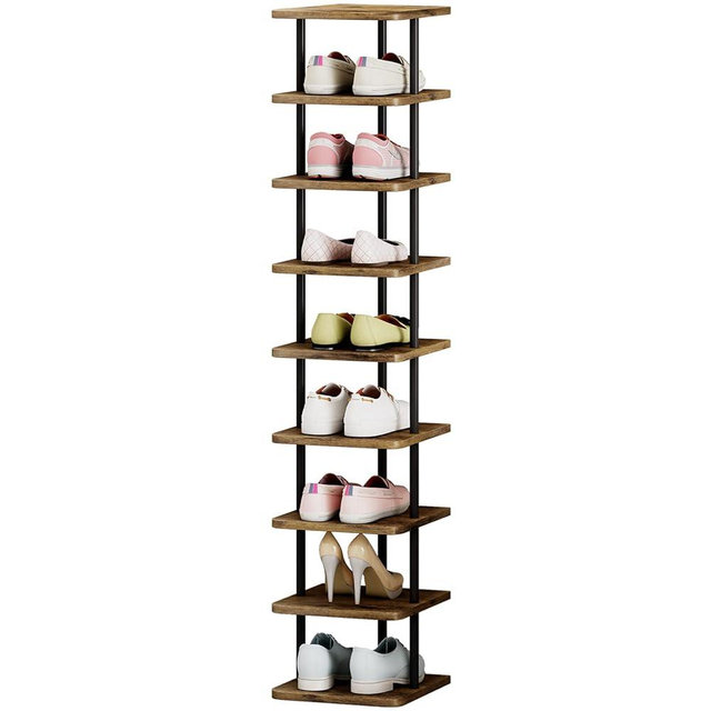 AZERPIAN Shoe Rack 9 Tier Vertical Storage Organizer Narrow Metal Slim Shelf Modern Free Standing Shoe Tower Saving Space for Closet Entryway Bedroom,Black+Rustic Brown