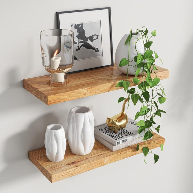 Fun Memories 24 Inch Wood Floating Shelves, 9.3" Deep Elm Wood Wall Shelves for Storage, Wall-Mounted Display Shelves with Invisible Heavy-Duty Metal Bracket for Living Room Bedroom Kitchen, Natural