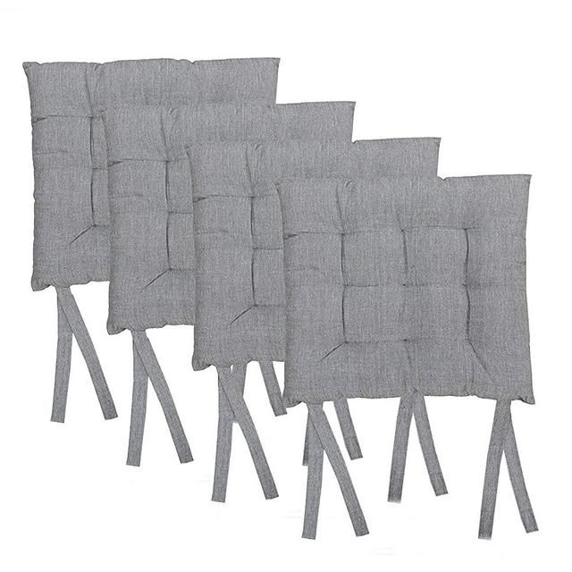 COTTON CRAFT - 4 Pack - White and Grey Cotton Chambray Dining Chair Pad Cushion with Ties- Classic Design- Easy Fit to Chair