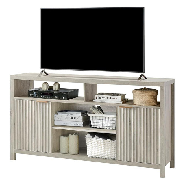 OAKHAM HOME Fluted Tall TV Stands for Living Room, Heavy Duty Entertainment Center with Storage, Mid Century Modern Television Stands for 50/55/60/65 TV, Oxford Media TV Console (Gray Oak)