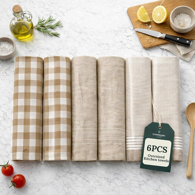 CLOUDSCAPE Kitchen Towels Set of 6 : Cotton-Blended Dish Cloths, Waffle Weave Quick-Drying Dish Towels for Kitchen Essentials, Highly Absorbent, Durable 18”x28” Hand Towels with Hanging Loop - Beige
