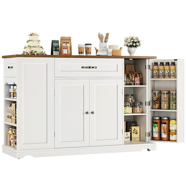 HOSTACK Kitchen Island Cart with Storage, 47'' Kitchen Storage Island on Wheels with 2 Drawers, Rolling Island Table with Adjustable Shelves, Mobile Buffet Sideboard Cabinet for Dining Room, White