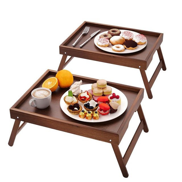 Fibogollo 2 Pack Bamboo Bed Tray Table with Folding Legs,Breakfast Trays,Serving Tray,Laptop Tray for Working,Food Snack Tray for Bed and Sofa(Brown)