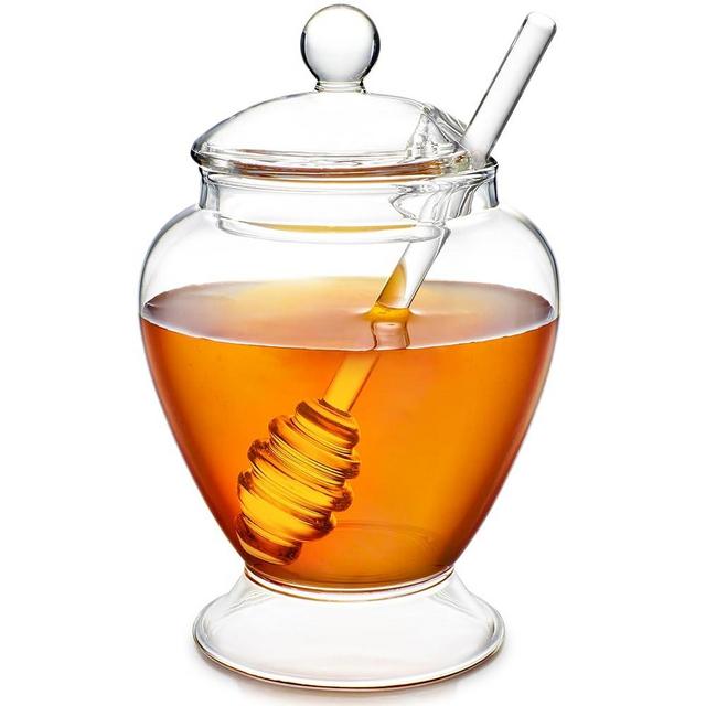 Teabloom Pure Bliss Honey Jar with Dipper and Lid - Hand-crafted with Highly Hygienic, Non-Porous Borosilicate Glass (14 oz)