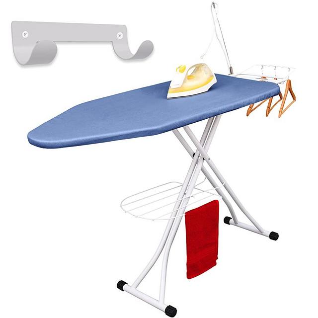 Xabitat 47" x 18" Deluxe Extra Wide Ironing Board with Wall Mount Storage, Storage Tray for Finished Clothes, Wire Rack for Hanging Clothes, Safety Iron Rest, Home Laundry Room or Dorm Use | Blue