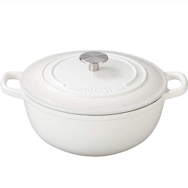 EDGING CASTING Enameled Cast Iron Thermal Cooker with Dual Handle (5QT, White)