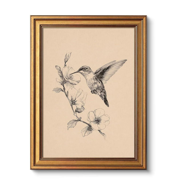 VIYYIEA Gold Framed Canvas Wall Art, Hummingbird Flower Canvas Prints Home Decor, Sketch Painting Picture, Living Room, Bedroom Decor Gifts for Friends or Family, 12x16inch
