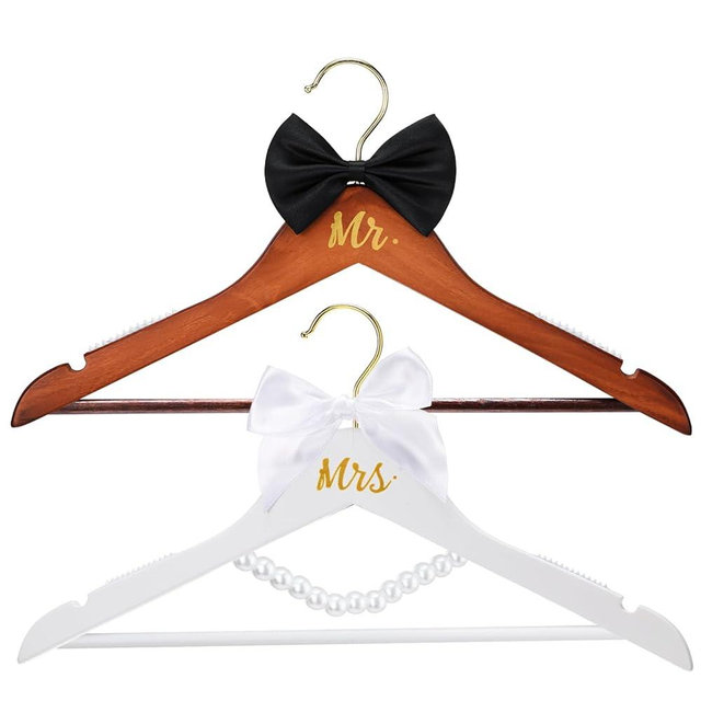 Beeveer 2 Pcs Bride Hanger for Wedding Dress Bride and Groom Wooden Wedding Dress Hanger Set with Bow Tie for Tuxedo Suit Gift Bridal Party Shower