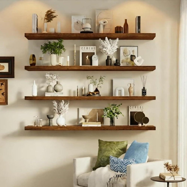 IEO Long Wooden Floating Shelves for Room Wall, Natural Wood Floating Shelves Wall Mounted Kitchen Shelf for Living Room, Bedroom, Kitchen,Bathroom, Storage (Walnut, 48in 4tier)